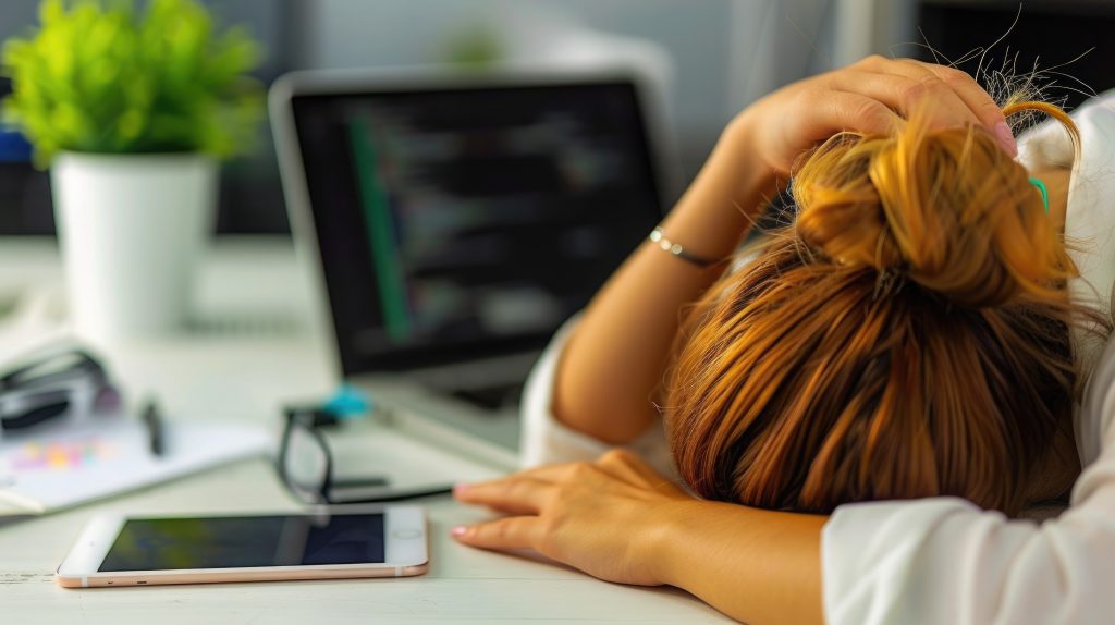 Woman experiencing workplace burnout holding her head down on the desk