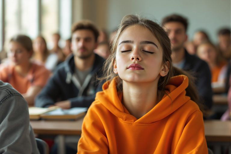Girl in an orange hoodie in school